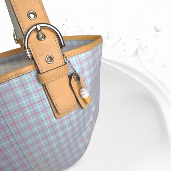 Vintage COACH Soho pastel blue plaid tote with vachetta leather & wristlet - Picture 10 of 15
